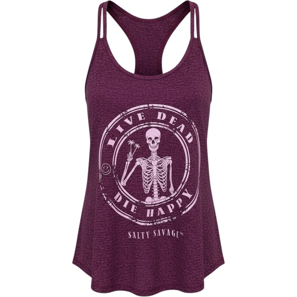 Salty Savage Live Dead Die Happy Skeleton Racerback Tank Top XL Burgundy Heather